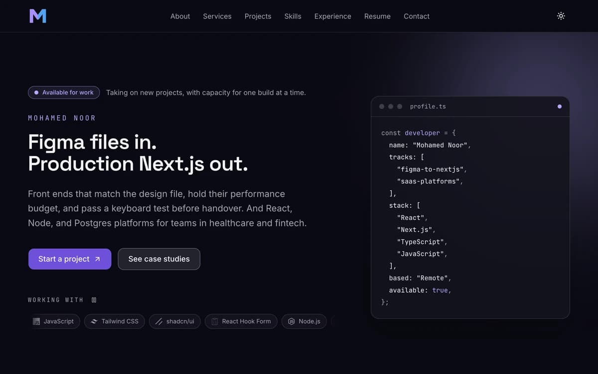 This site's home page in its dark theme: the headline Figma files in, Production Next.js out, beside a code-editor card listing the developer's tracks and stack, above a row of technology chips.